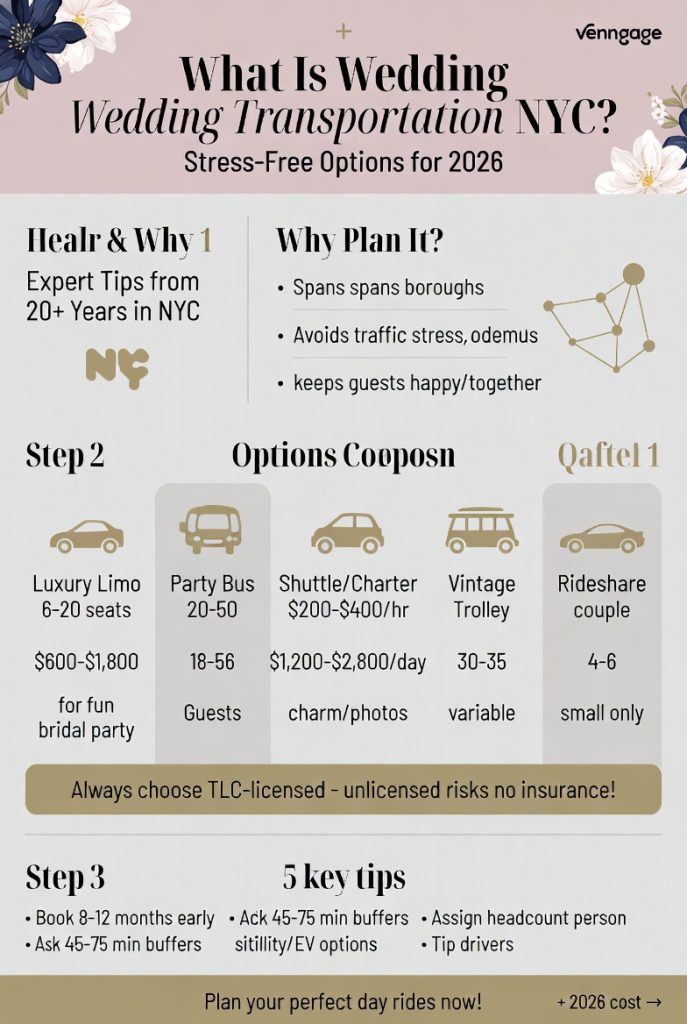 The Best Guide to What Is Wedding Transportation NYC: Everything You Need for a Stress-Free 2026 Wedding 4 Infographic what is wedding transportation NYC
