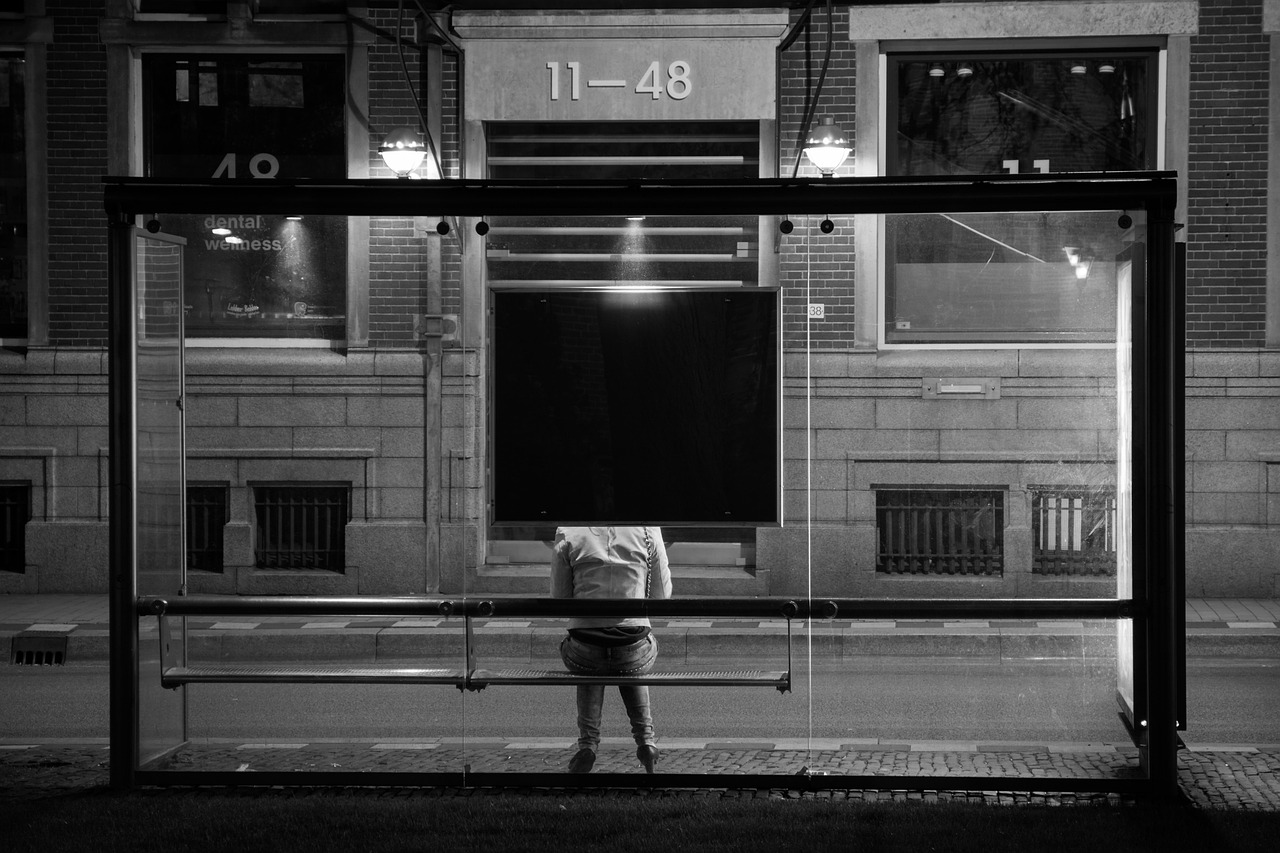 bus stop, waiting, public transport, urban, city, sitting, bench, woman, town, person, transportation, bus, street, building, gray city, gray building, gray street, gray bus, gray stop, bus stop, bus stop, bus stop, bus stop, bus stop, bus